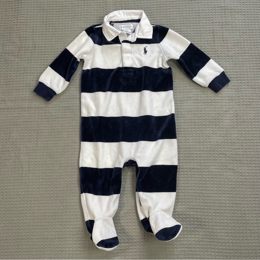 Ralph Lauren Velour Stripe Footie One Piece 9 Month Baby Preppy Pony